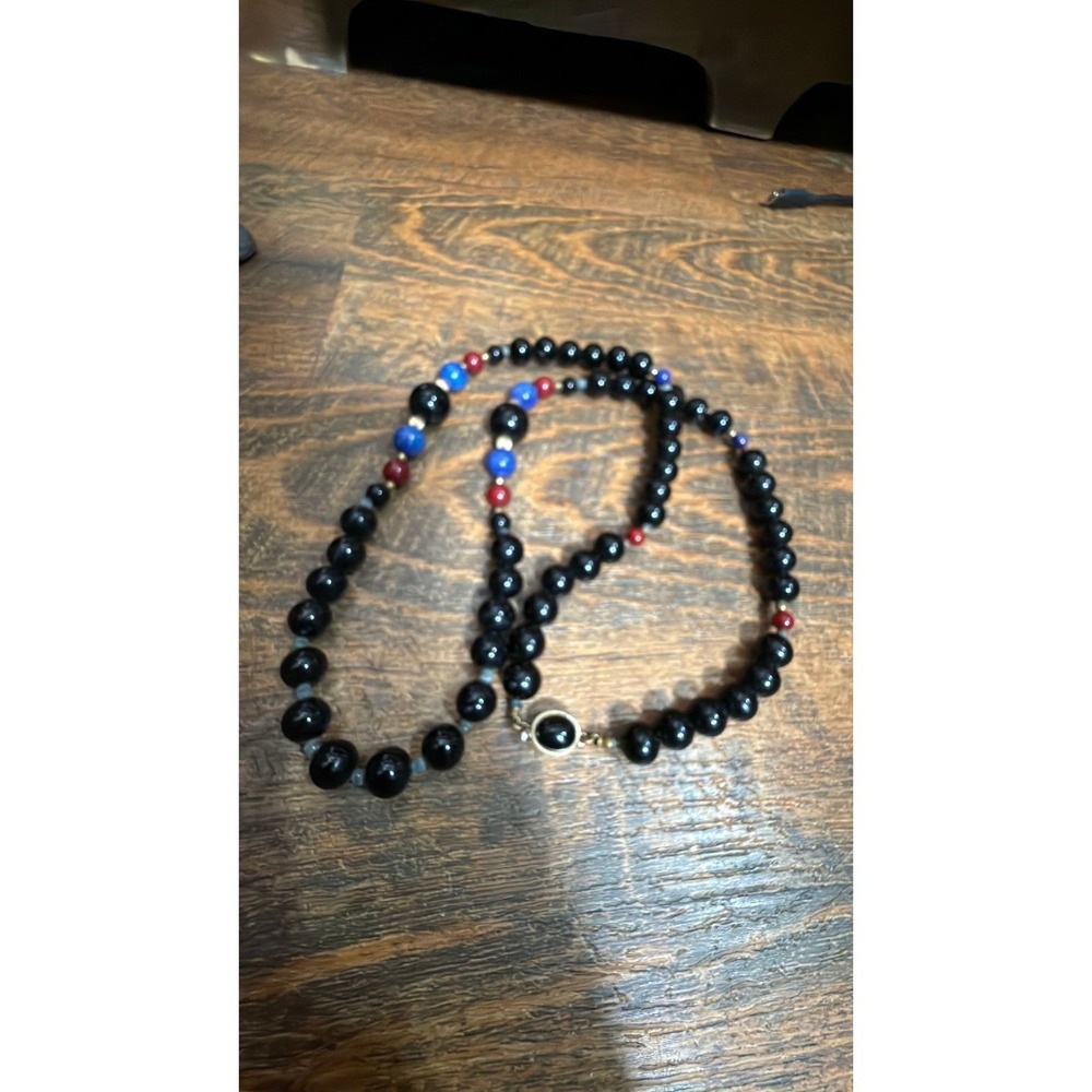 Vintage necklace black onyx, red jasper, and blue sodalite semi-precious beads